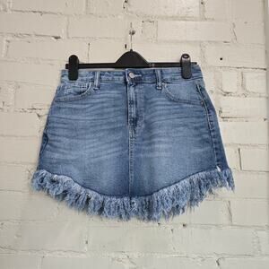 Celebrity Pink Juniors 9, Medium-wash Denim Skirt w/ Raw Fringe Hem: Casual Boho